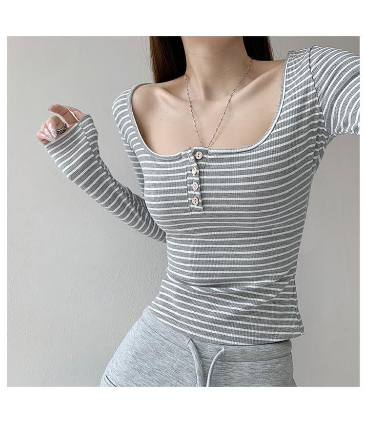Striped Scoop-Neck Henley T-Shirt Product Image