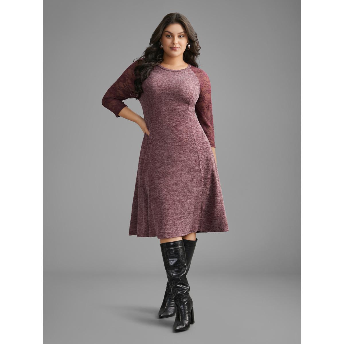 Plus Size Heather Lace Patchwork Mesh Midi Dress Burgundy Women Elegant Woven ribbon&lace trim Round Neck Elbow-length sleeve Curvy BloomChic 10/M Product Image