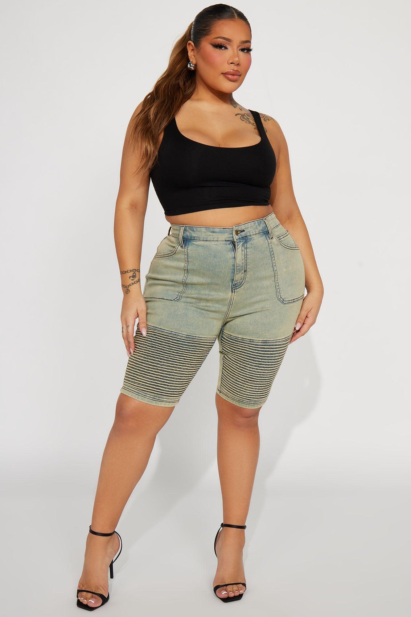 Heating Up Moto Stretch Denim Bermuda Shorts - Vintage Wash Product Image