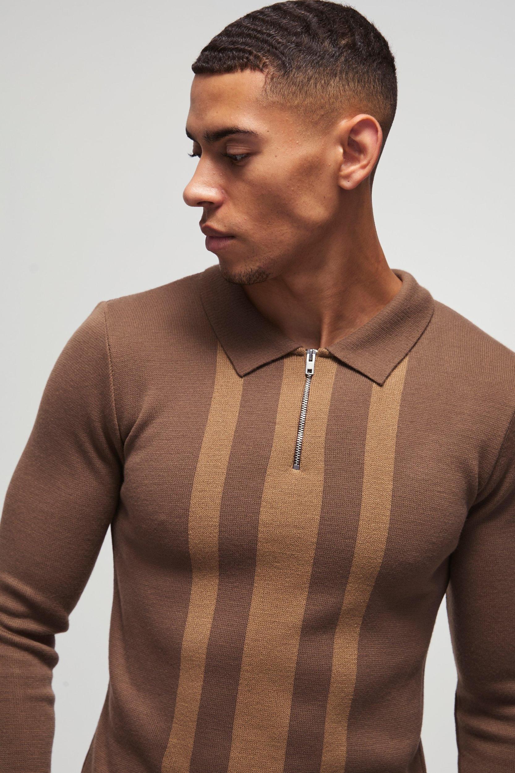 Long Sleeve Muscle Fit Stripe Knit Polo | boohooMAN USA Product Image