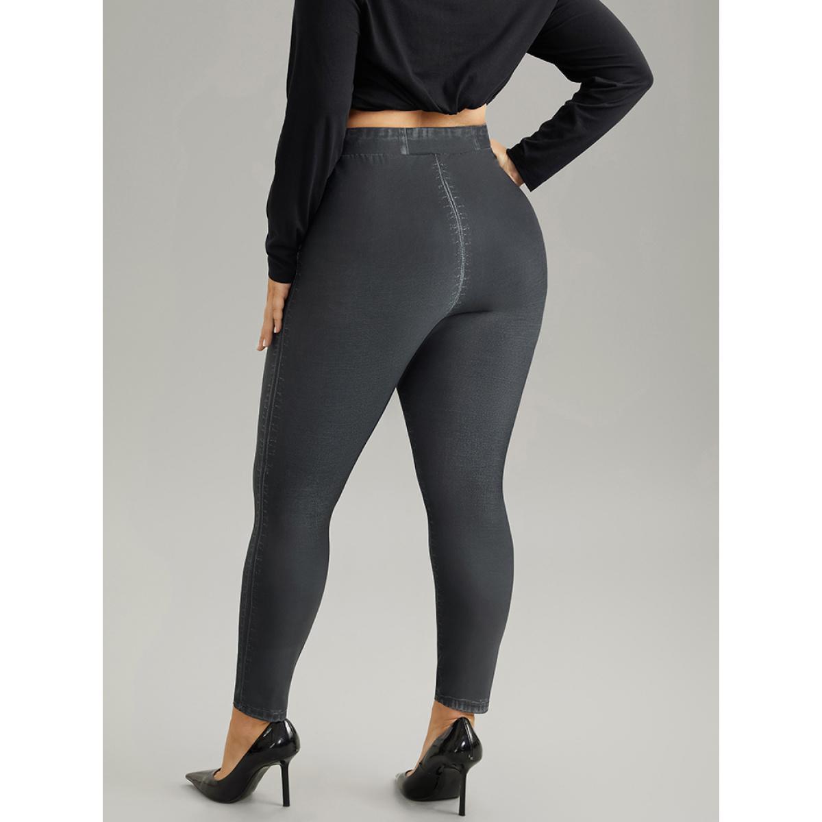 Plus Size Denim Effect Print Pocket Leggings Women Black Casual High stretch Skinny High Rise Dailywear Leggings BloomChic 26/4X Product Image