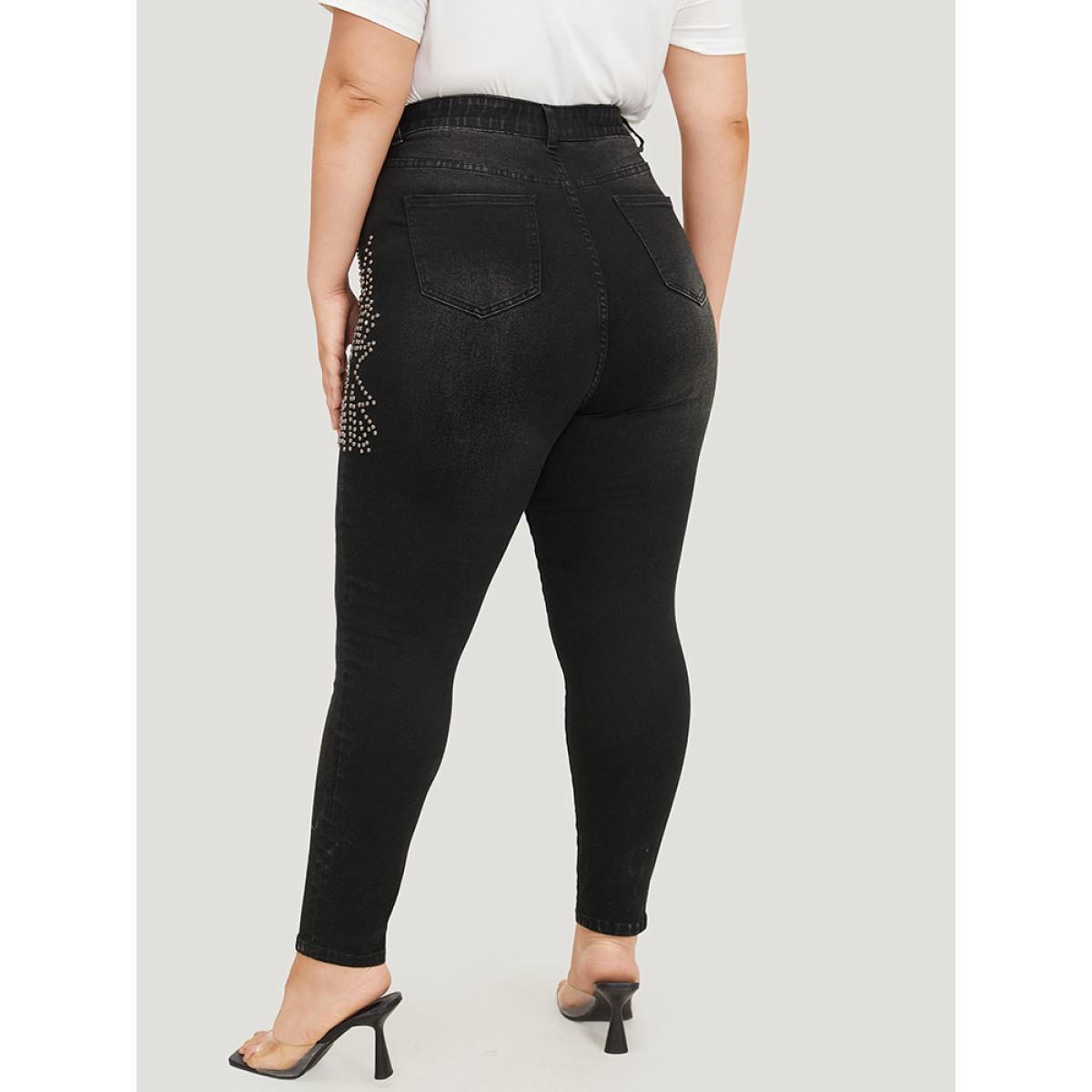 Plus Size Beaded Detail Pocket Very Stretchy Black Wash Jeans Women Black Casual Plain Beaded High stretch Pocket Jeans BloomChic 24/3X Product Image