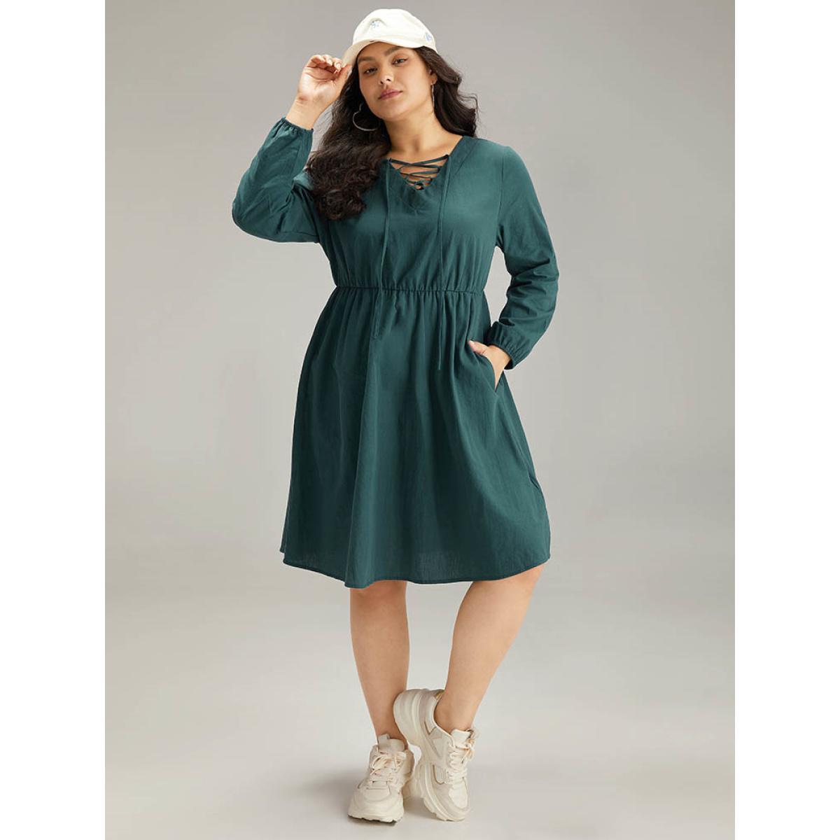Plus Size Cotton Solid Lace Up Elastic Waist Dress DarkGreen Women Casual Elastic cuffs Tie Neck Long Sleeve Curvy Midi Dress BloomChic 14-16/1X Product Image