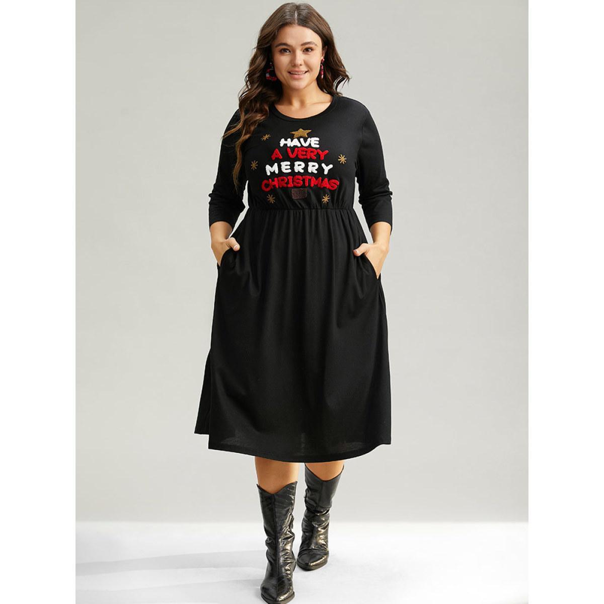 Plus Size Christmas Embroidered Star Elastic Waist Dress Black Women Casual Embroidered Round Neck Elbow-length sleeve Curvy Midi Dress BloomChic 14-16/1X Product Image