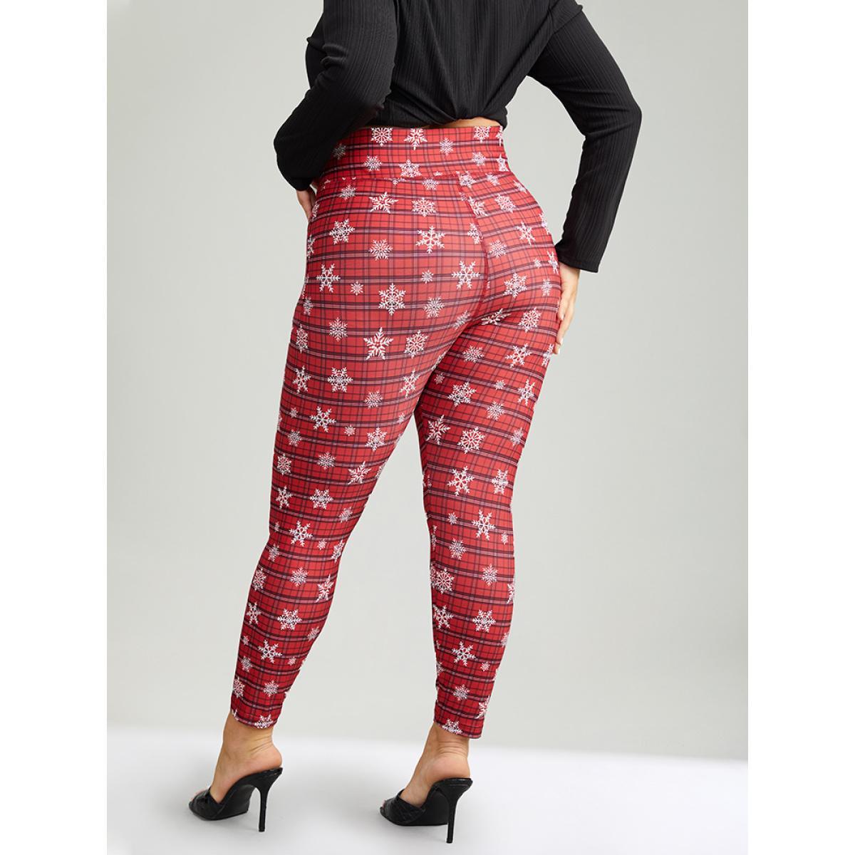 Plus Size Plaid & Snow Print Pocket Skinny Ankle Leggings Women Scarlet Casual Medium stretch Skinny High Rise Festival-Christmas Leggings BloomChic 26/4X Product Image