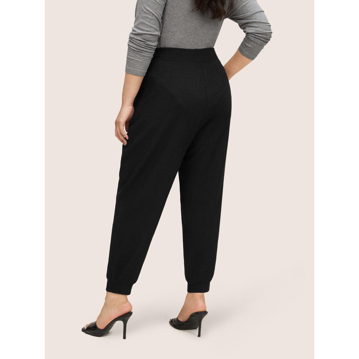 Plus Size Rib Knit Wideband Waist High Rise Pants Women Black Casual High Rise Dailywear Pants BloomChic 10/M Product Image