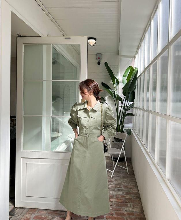 Long-Sleeve Collared Plain Midi A-Line Dress Product Image