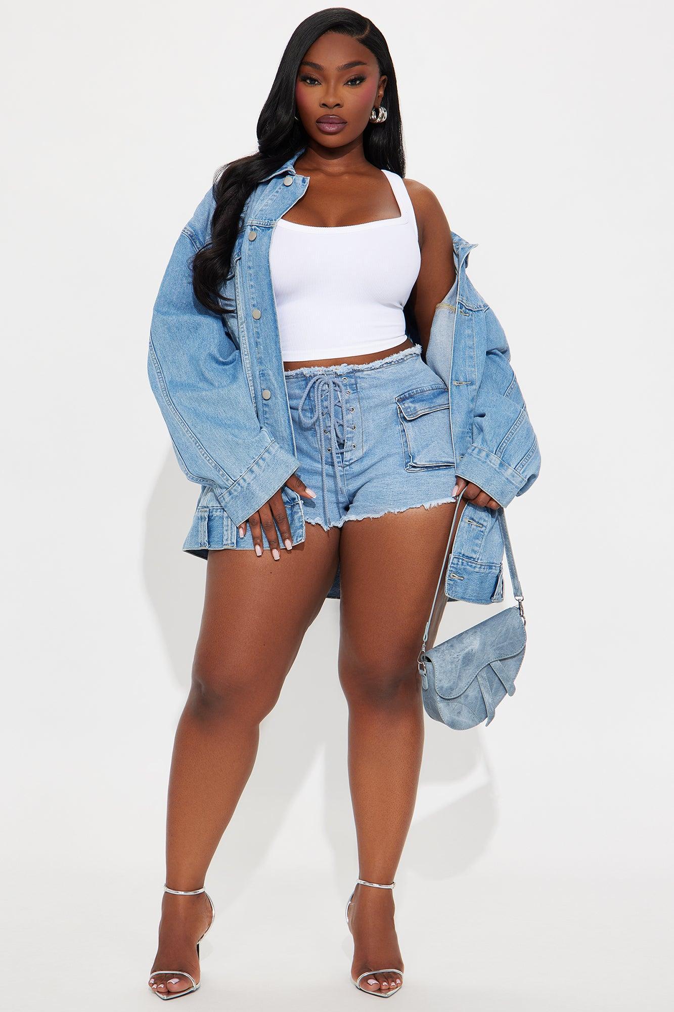 Lucky Lace Up Stretch Denim Shorts - Light Wash Product Image