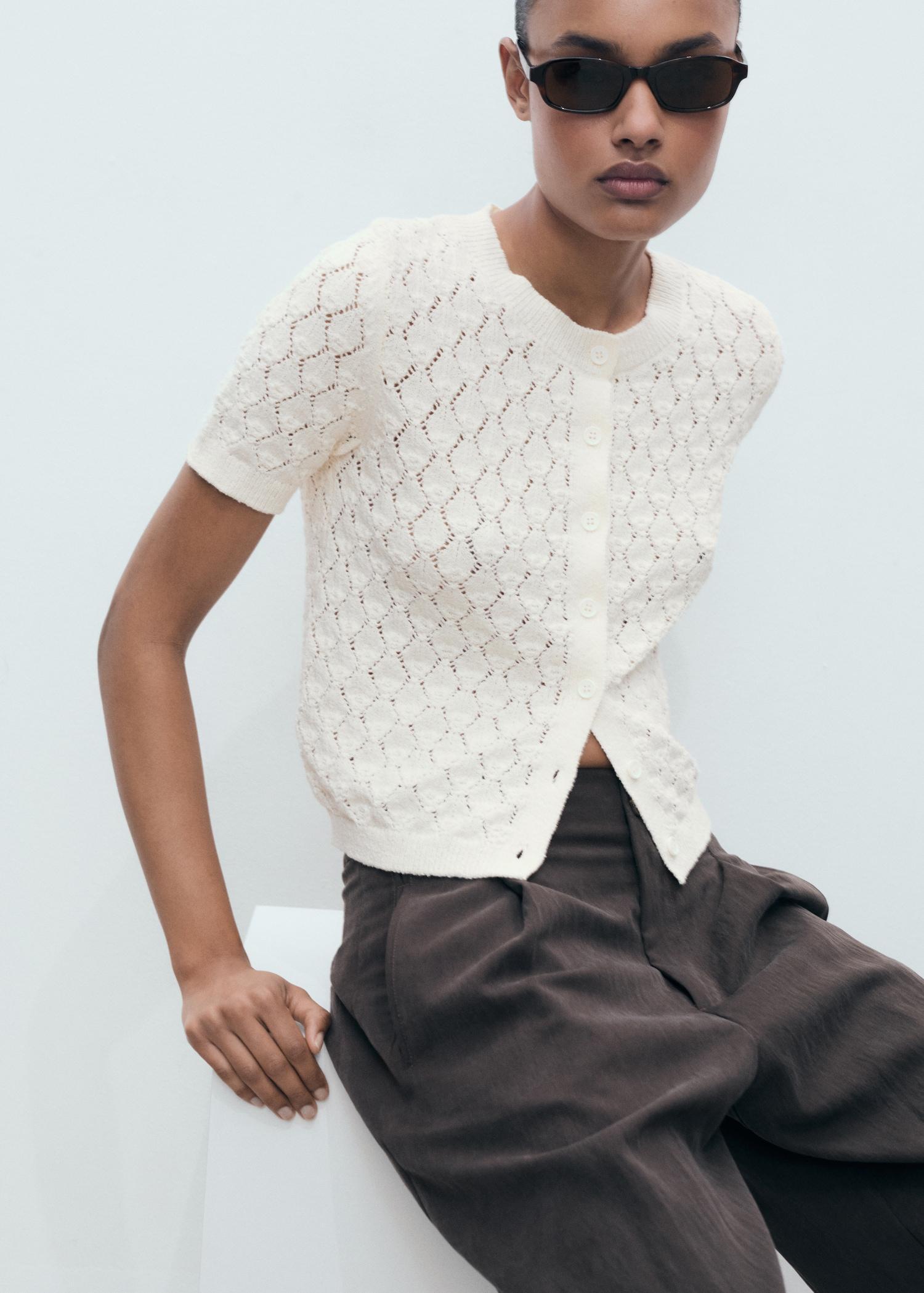 Short-sleeved openwork knitted cardigan - Women | MANGO USA Product Image