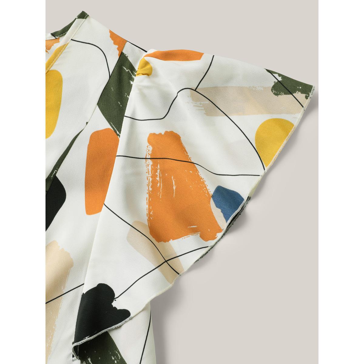 Plus Size Multicolor Brush Abstract Print Flounce Sleeve Blouse Women Short sleeve V-neck Everyday-Elegant Blouses BloomChic 22-24/3X Product Image