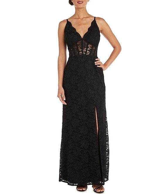 Morgan & Co. Sleeveless Spaghetti Strap Scalloped V-Neck Illusion Corset-Bodice Slit Hem Long Glitter Lace Dress Product Image