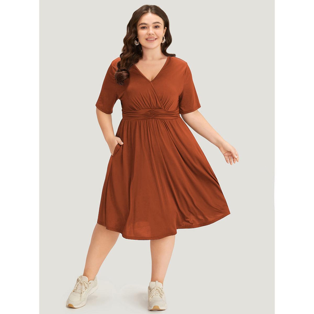 Plus Size Supersoft Essentials Solid Surplice Neck Ruched Front Dress Rust Women Casual Wrap V-neck Short sleeve Curvy Midi Dress BloomChic 22-24/3X Product Image
