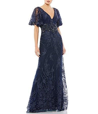 Mac Duggal Embellished Illusion V-Neck Sheer Butterfly Short Flutter Sleeve Sheath Gown Product Image