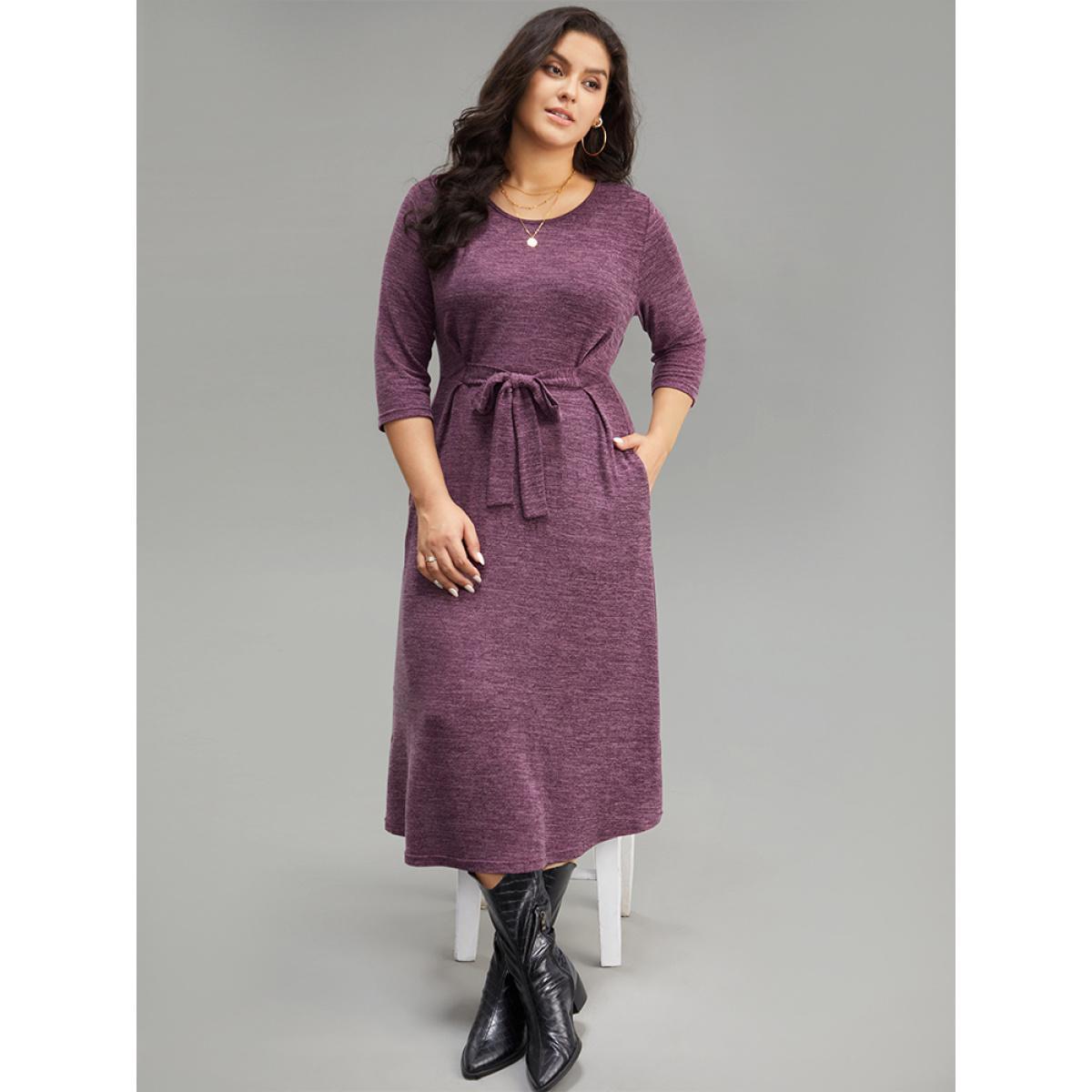 Plus Size Solid Heather Ties Pocket Dress RedViolet Women Casual Plain Round Neck Elbow-length sleeve Curvy Midi Dress BloomChic 26/4X Product Image