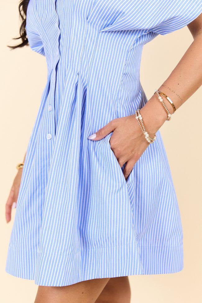 Meet Me In Athens Blue Stripe Cinched Waist Mini Dress SALE Product Image