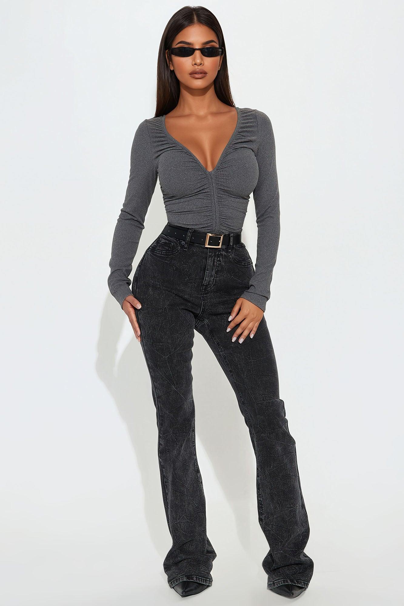 Mara Ruched Long Sleeve Top - Heather Grey Product Image