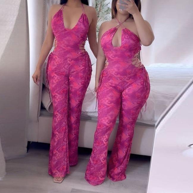 Halter Neck Tie Dye Cutout Open Back Flared Jumpsuit Product Image