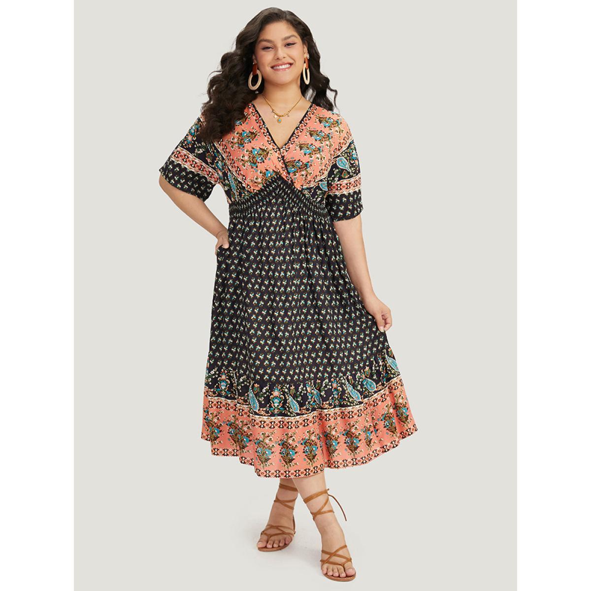 Plus Size Bandana Print Wrap Shirred Batwing Sleeve Dress DarkBlue Women Vacation Printed V-neck Short sleeve Curvy Midi Dress BloomChic 30/6X Product Image