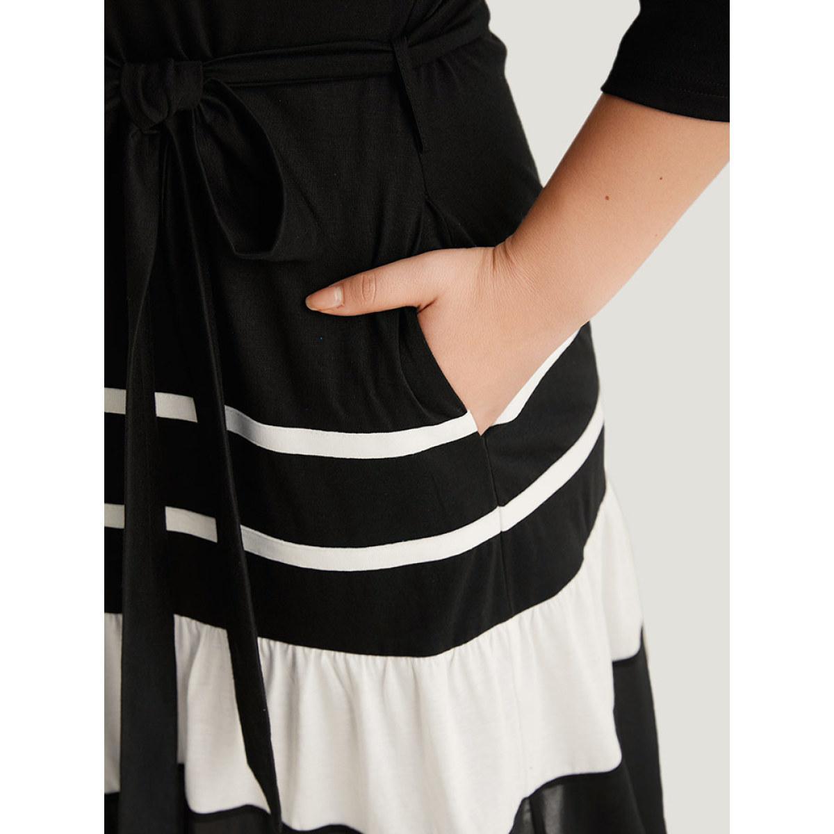 Plus Size Colorblock Contrast Belted Ruffle Layered Hem Dress Black Women Casual See through Round Neck Elbow-length sleeve Curvy Midi Dress BloomChic 26/4X Product Image