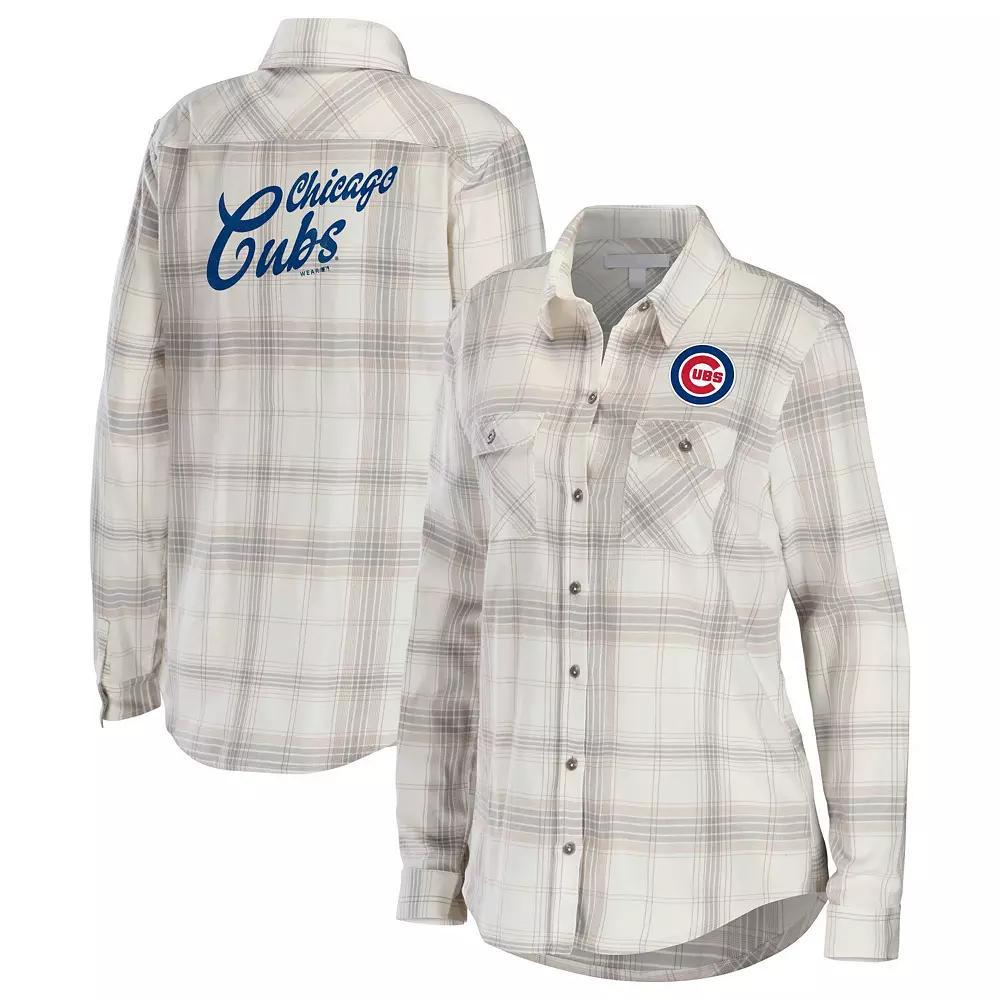 Women's WEAR by Erin Andrews Gray/Cream Chicago Cubs Flannel Button-Up Shirt, Size: Medium, Grey Product Image