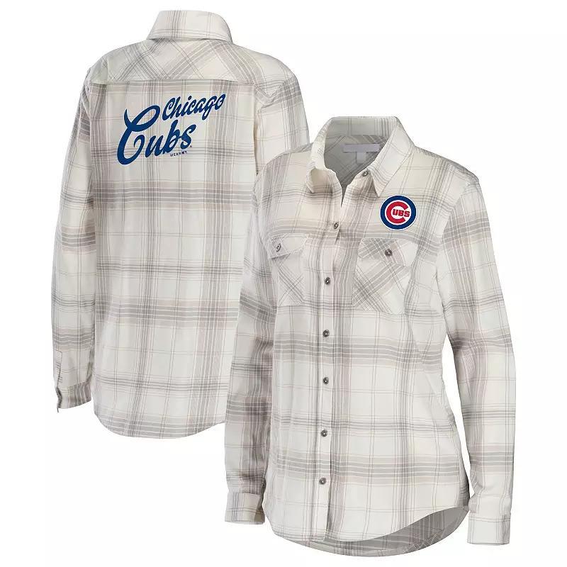 Women's WEAR by Erin Andrews Gray/Cream Chicago Cubs Flannel Button-Up Shirt, Size: Medium, Grey Product Image