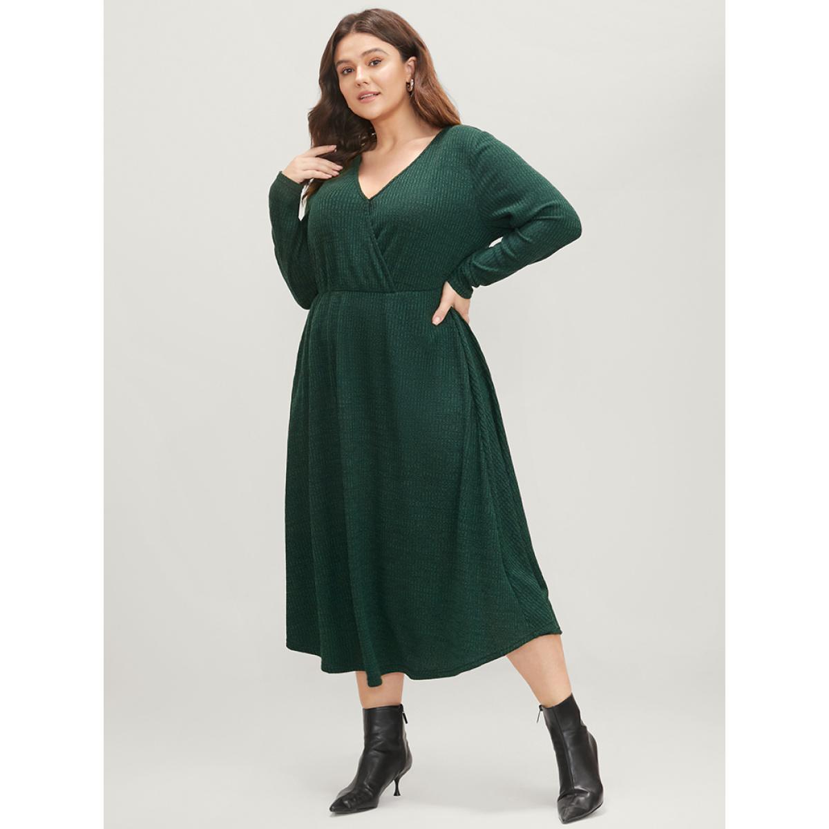 Plus Size Solid Pocket Surplice Neck Rib Knit Marled Dress DarkGreen Women Elegant V-neck Long Sleeve Curvy Midi Dress BloomChic 14-16/1X Product Image