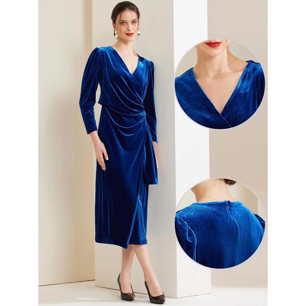 Allegra K Women's Velvet Wrap V Neck Evening Party Maxi Cocktail Dress Blue Medium Product Image
