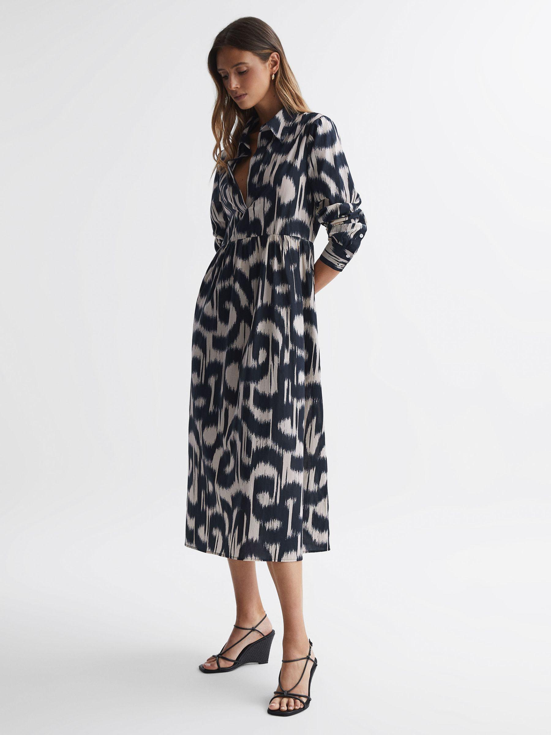 Printed Midi Dress in Black/Cream Product Image
