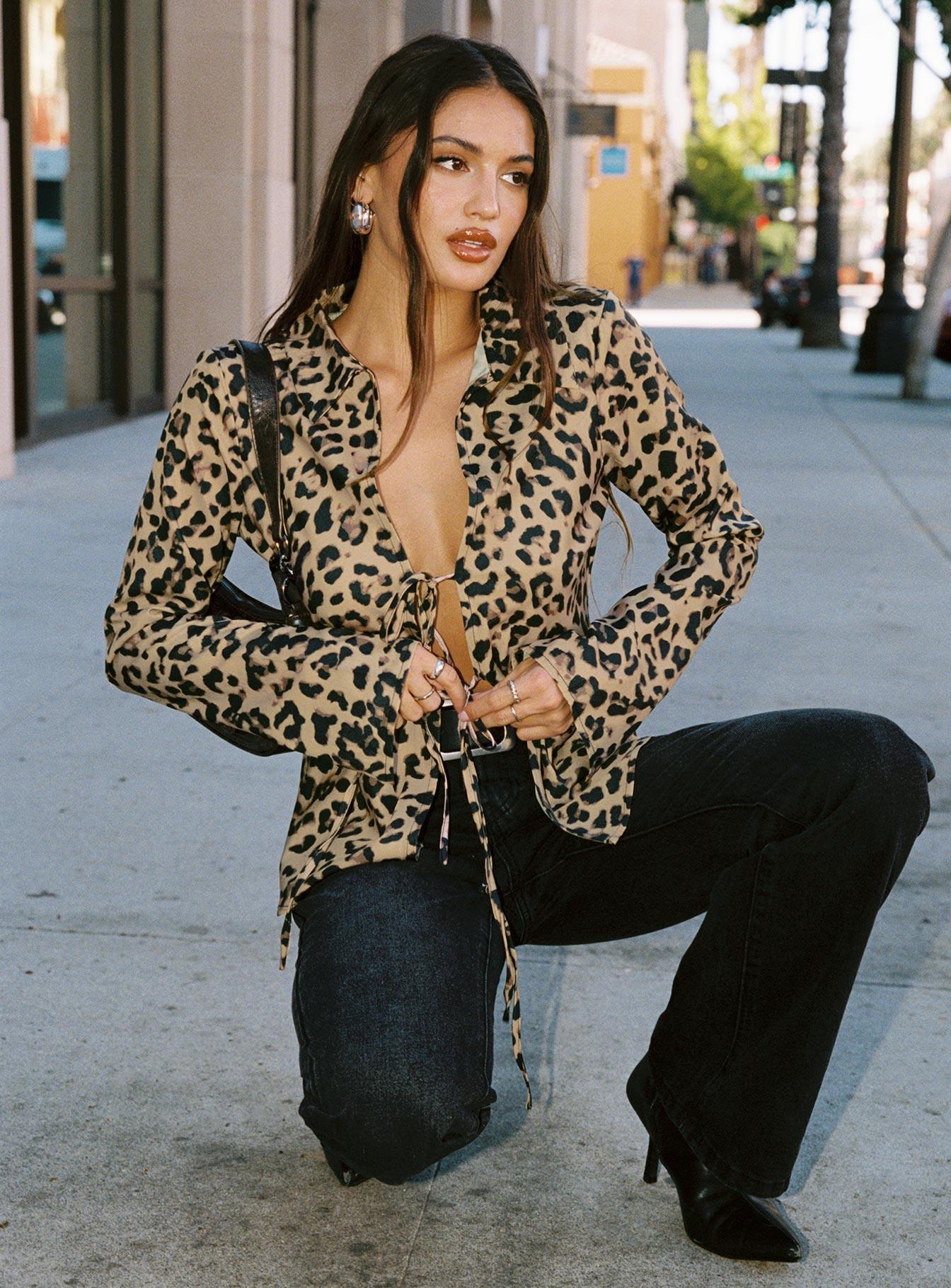 Toriah Long Sleeve Tie Up Top Leopard Product Image