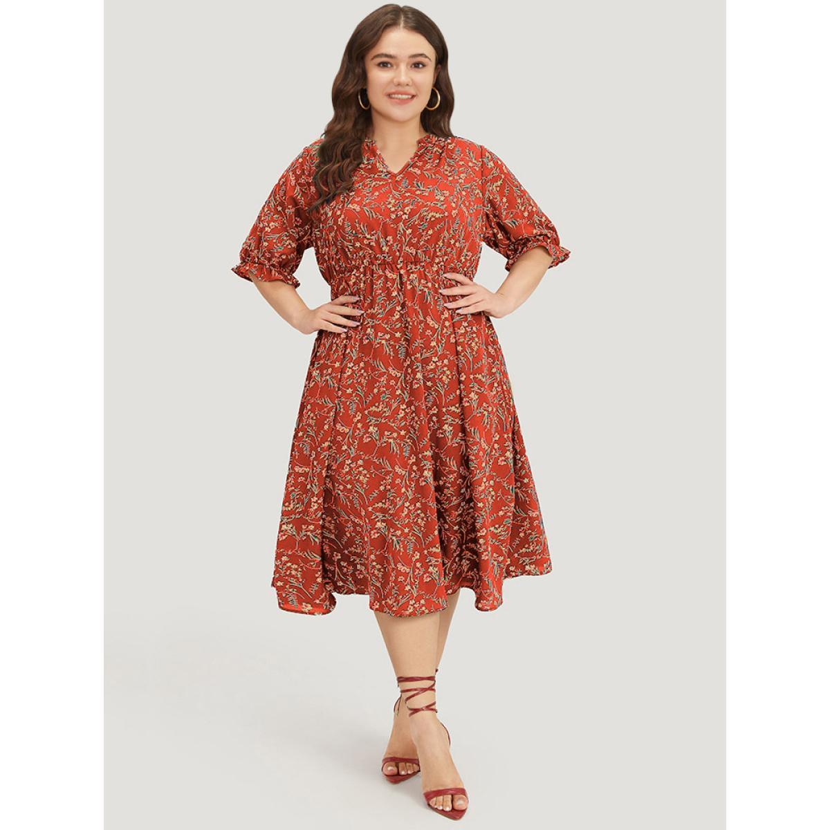 Plus Size Ditsy Floral Notched Flutter Trim Elastic Waist Dress Crimson Women Elegant Printed Notched collar Half Sleeve Curvy Midi Dress BloomChic 22-24/3X Product Image