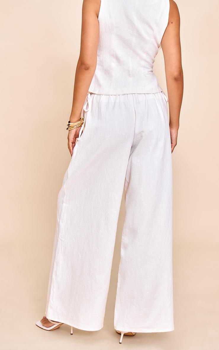 White Premium Linen Side Tie Detail Wide Leg Pants Product Image