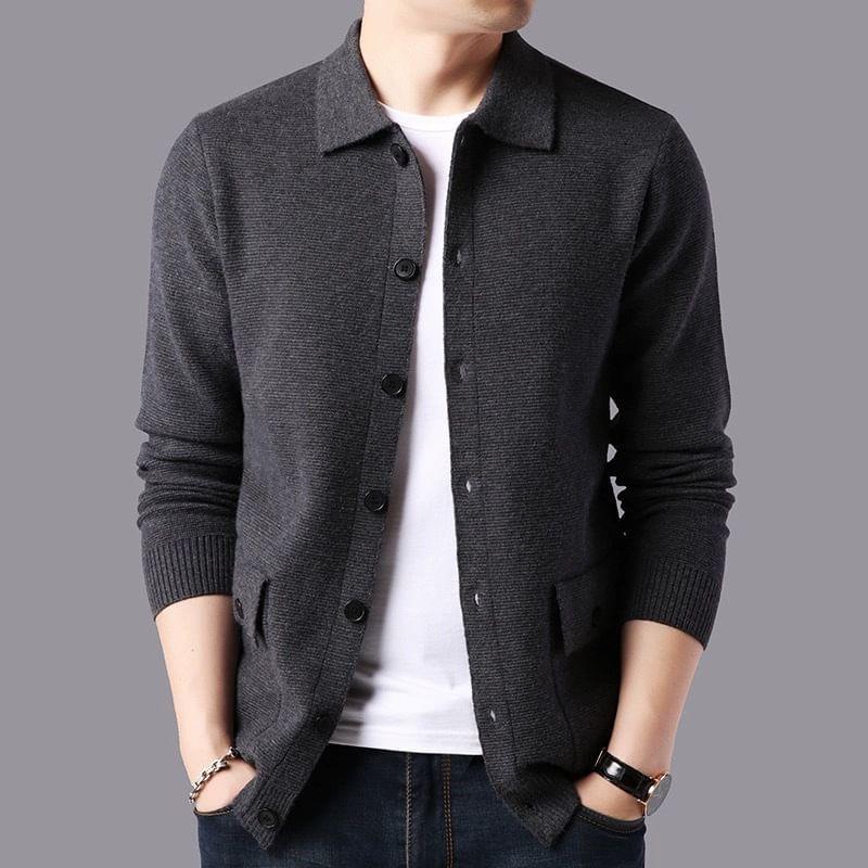 Collared Plain Button-Up Cardigan Product Image