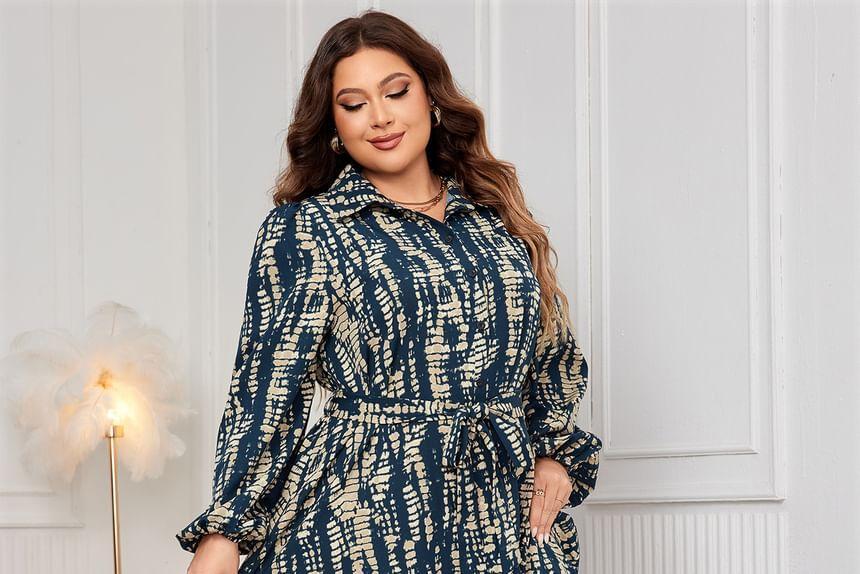 Long Sleeve Collared Patterned Print Maxi A-Line Shirt Dress Product Image