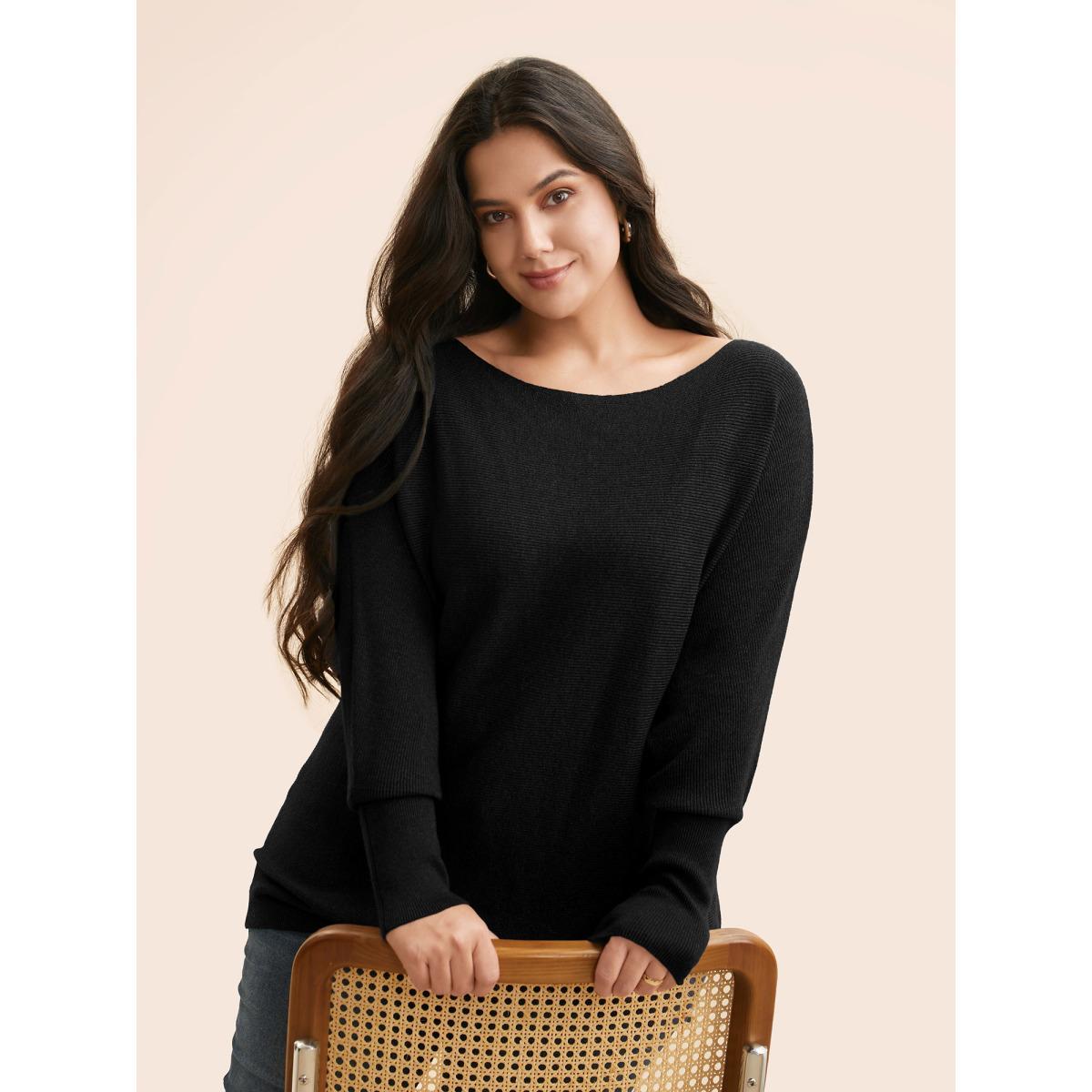 Plus Size Supersoft Dolman Sleeve Pullover Black Women Casual Loose Long Sleeve Boat Neck Everyday Pullovers BloomChic 22-24/3X Product Image