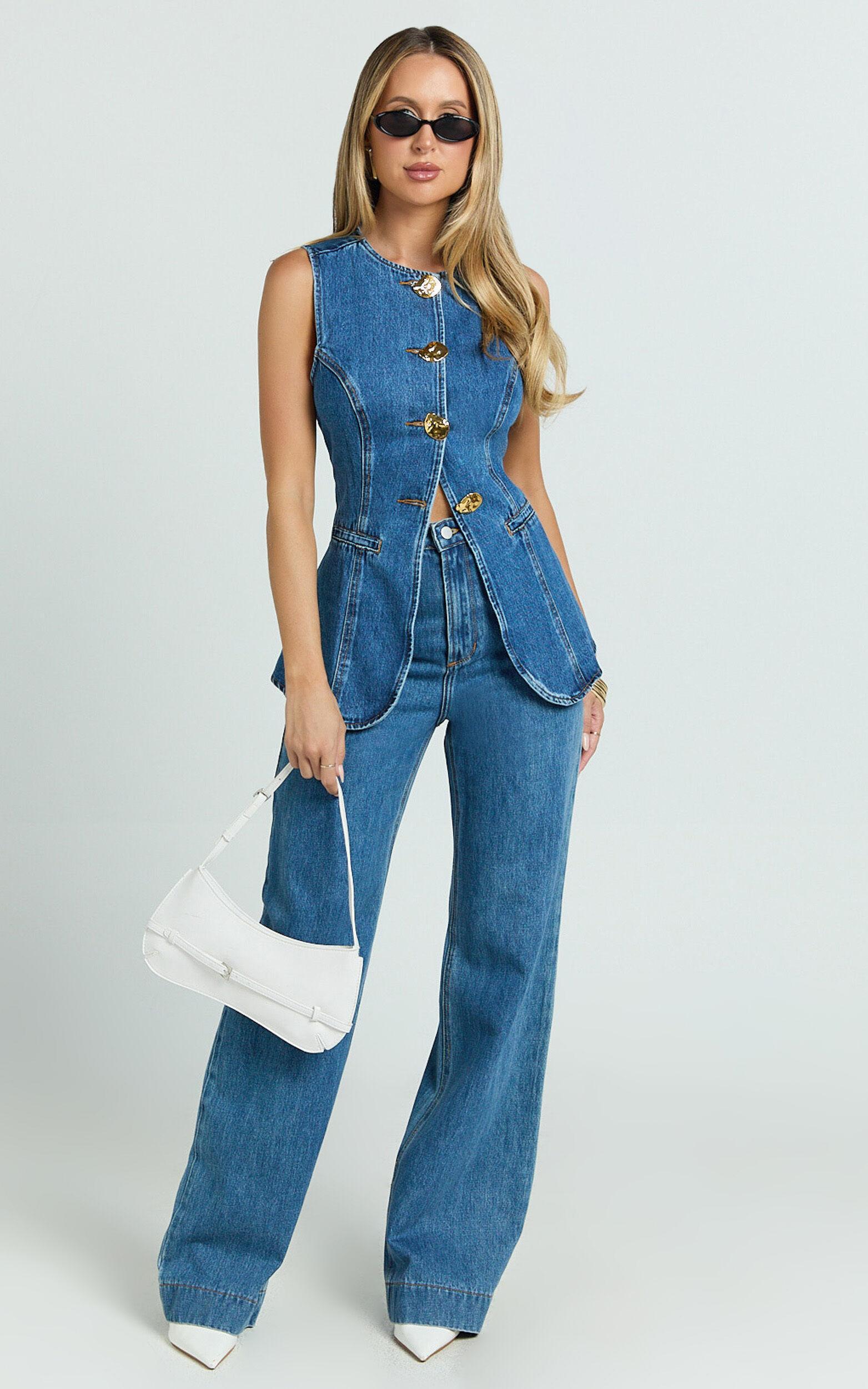 Emman Jeans - High Waisted Cotton Wide Leg Denim Jeans in Dark Blue Wash Product Image