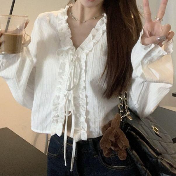 Puff-Sleeve V-Neck Striped Ruffle Lace-Up Cropped Blouse Product Image