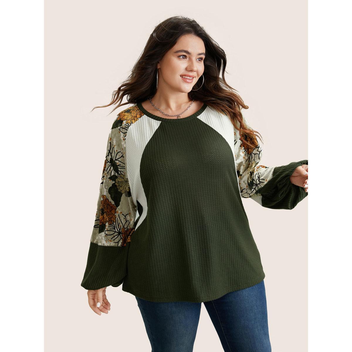 Plus Size Waffle Knit Patchwork Floral Print T-shirt ArmyGreen Women Casual Velvet Floral Round Neck Everyday T-shirts BloomChic 28/5X Product Image