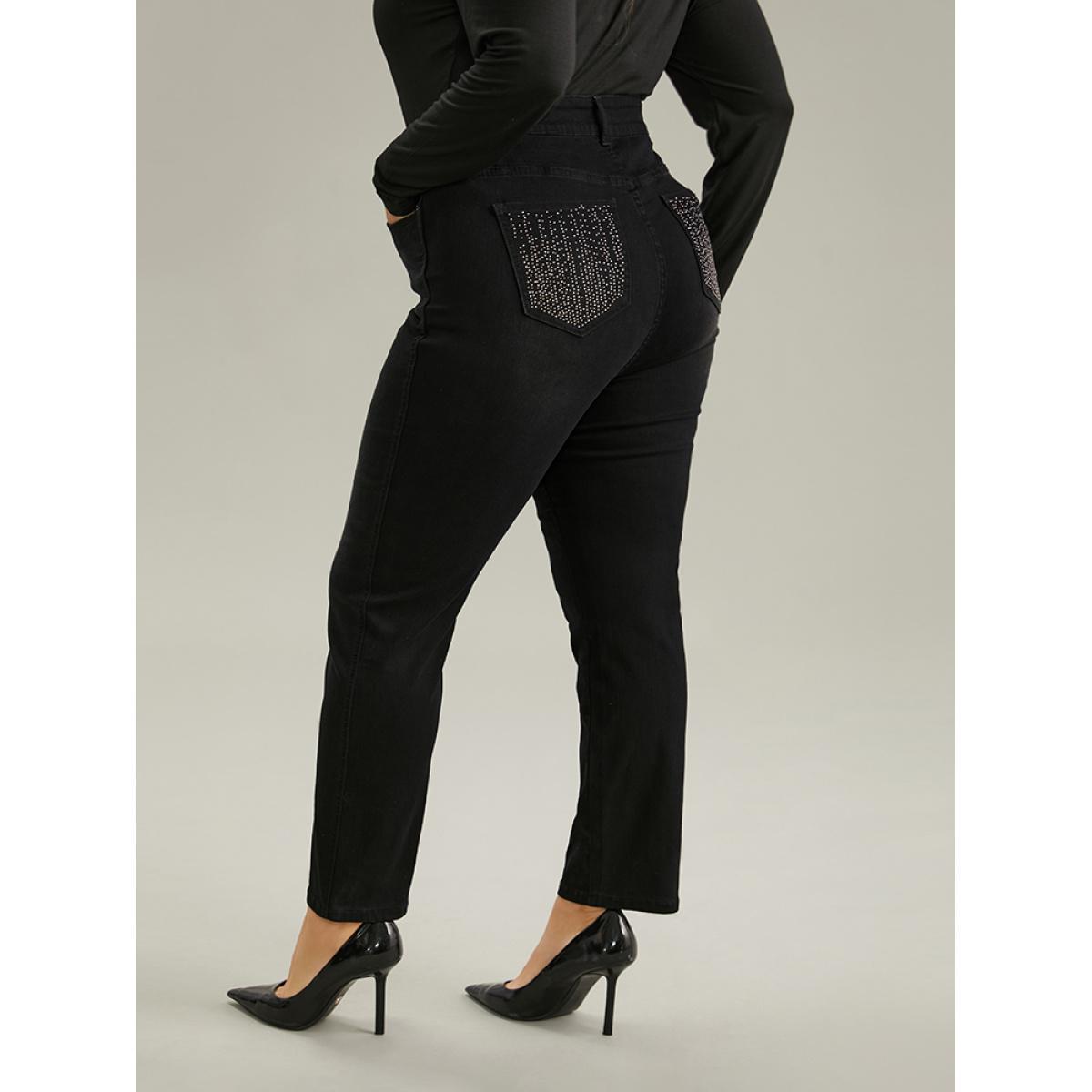 Plus Size Rhinestone Detail Straight Leg Black Wash Jeans Women DimGray Casual Plain Rhinestone detailing High stretch Pocket Jeans BloomChic 18/2X Product Image