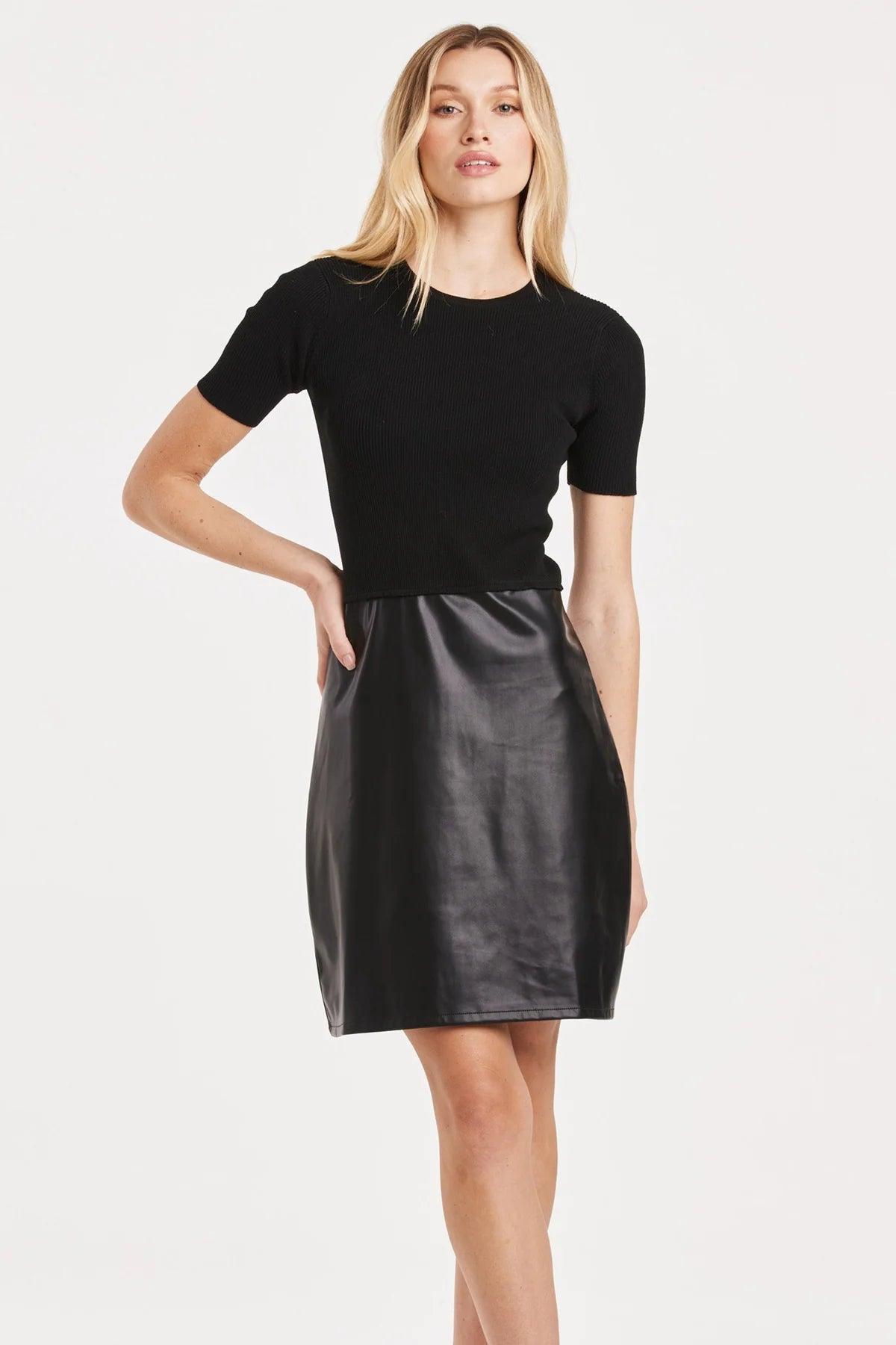 Kimora ribbed t shirt dress with leather skirt Product Image