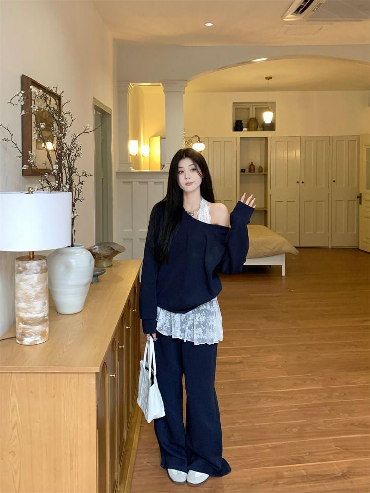 Halter Floral Lace Tank Top / Boat Neck Plain Pullover / Wide Leg Pants Product Image