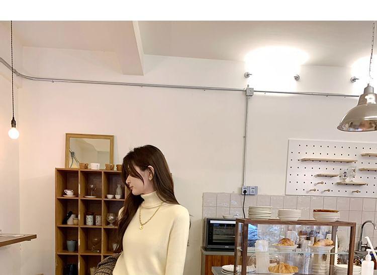 Long-Sleeve Turtleneck Plain Knit Top Product Image