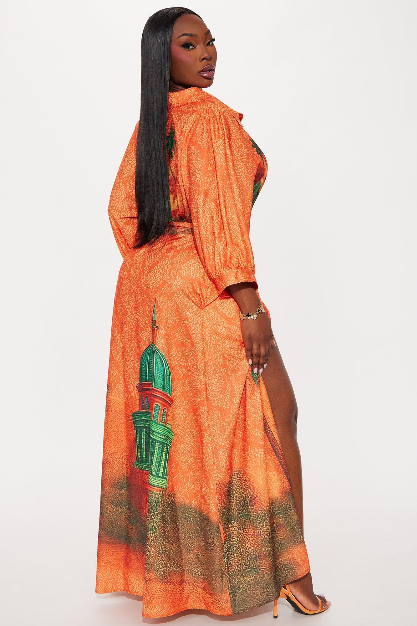 Tuscan Sunsets Maxi Shirt Dress - Orange/combo Product Image
