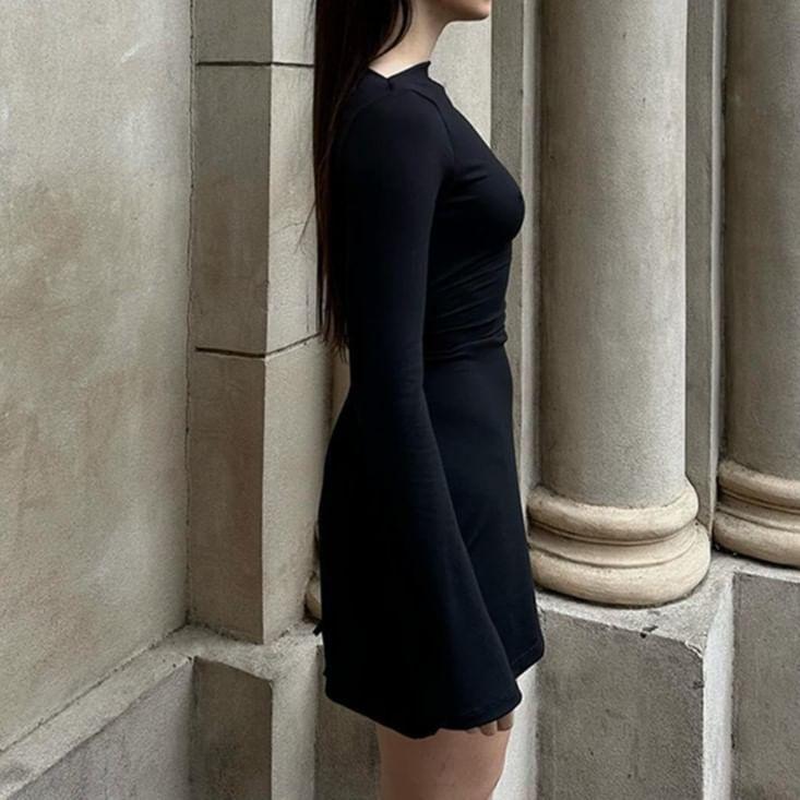 Long-Sleeve Crewneck Plain Mini A-Line Dress Product Image