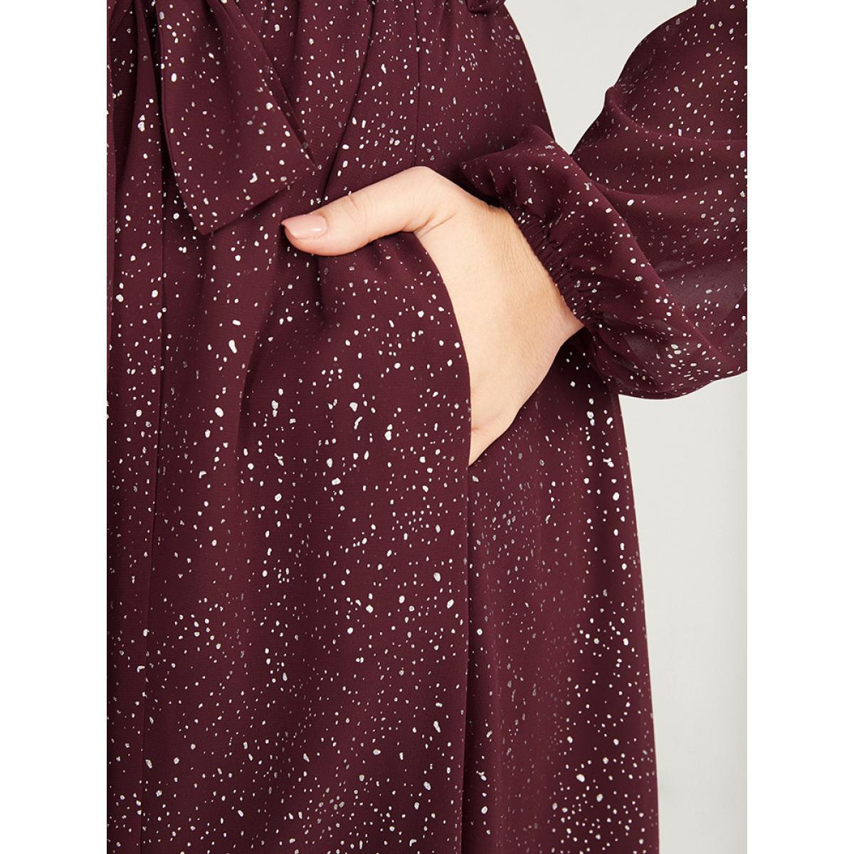 Plus Size Polka Dot Wrap Lace Trim Lantern Sleeve Pocket Belted Dress Burgundy Women Party Pocket V-neck Long Sleeve Curvy Midi Dress BloomChic 26/4X Product Image