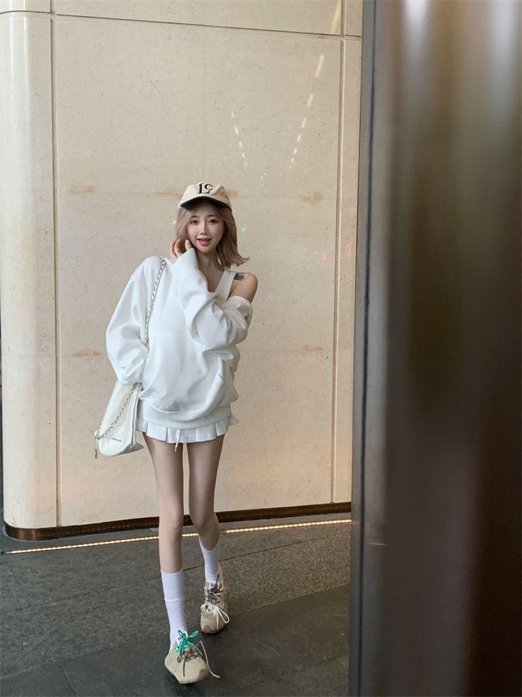 Loose Fit Plain Hoodie / Mini Pleated Skirt / Tank Top Product Image