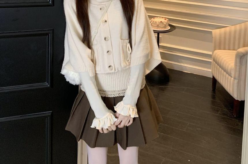 Button-Up Plain Crop Cardigan / Long-Sleeve Turtleneck Knit Top Product Image