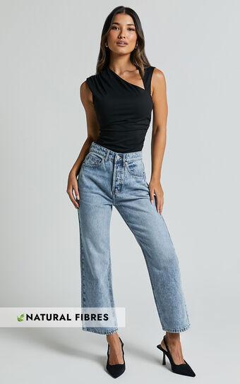 Wilkins Jeans - High Waisted Straight Leg Cropped Hem Jeans in Mid Blue Wash Product Image