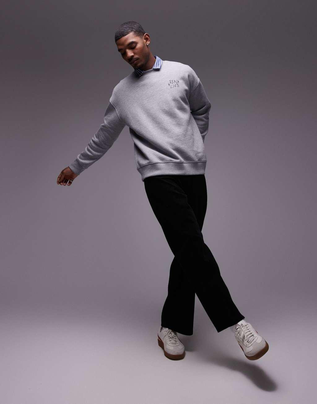 Topman oversized fit sweatshirt with Real Lies print in gray heather Product Image