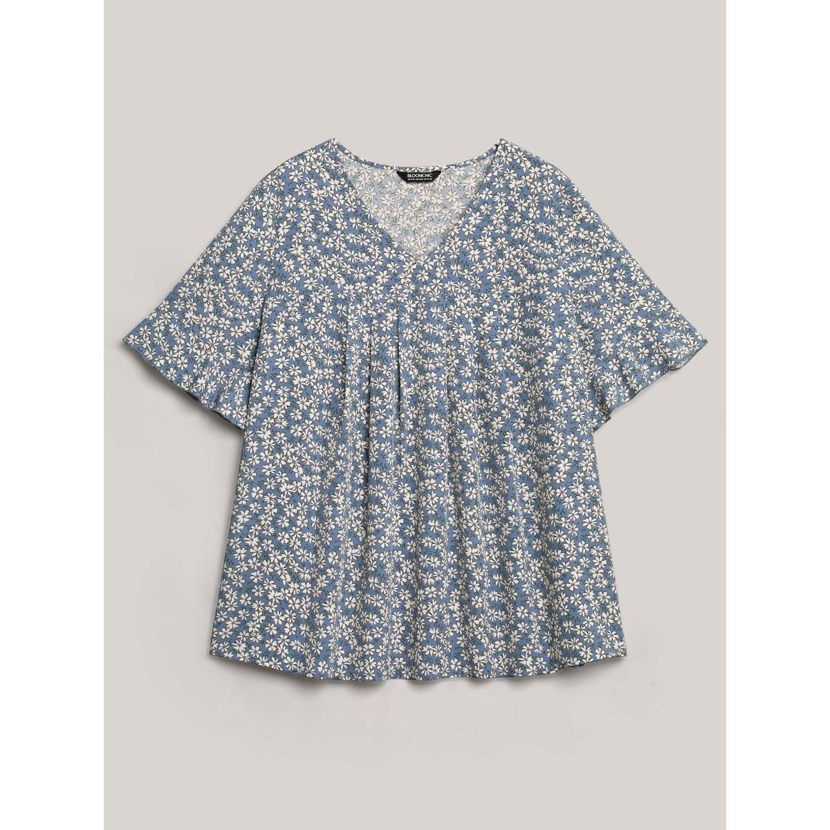 Plus Size LightBlue Ditsy Floral Pleated Flared Sleeve Shirt Women Elegant Half Sleeve V-neck Everyday Blouses BloomChic 28/5X Product Image