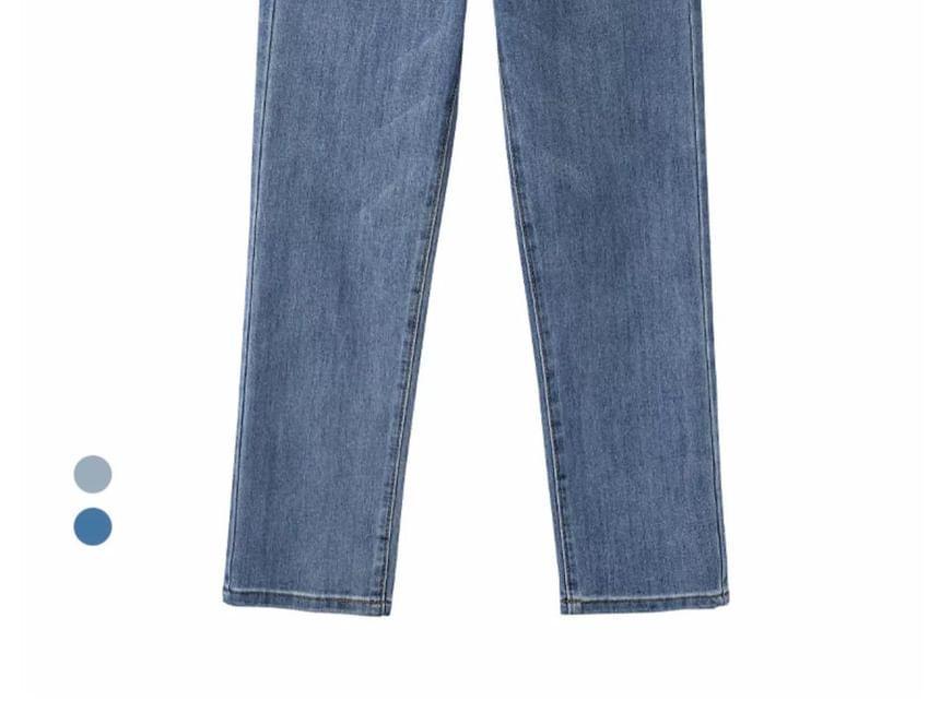 High Waist Two Tone Patchwork Washed Cropped Straight Leg Jeans Product Image